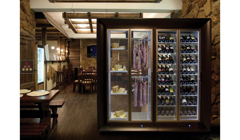 Combiné de 2 vitrines réfrigérées professionnelles pour vins, charcuteries et fromages - Installation centrale - Façades incurvées