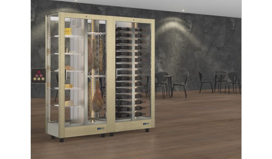 Combiné de 2 vitrines réfrigérées professionnelles pour vins, charcuteries et fromages - 4 côtés vitrés - Habillage magnétique interchangeable