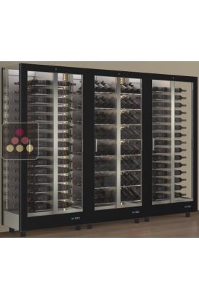 Combiné de 3 vitrines à vin professionnelles multi-usages - 3 cotés vitrés - Bouteilles horizontales/inclinées - Habillage magnétique interchangeable