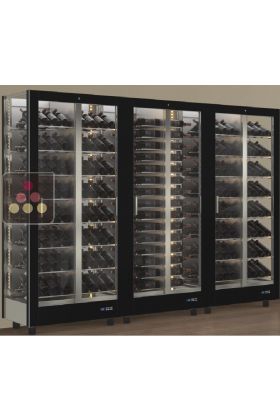 Combiné de 3 vitrines à vin professionnelles multi-usages - 3 cotés vitrés - Bouteilles inclinées/horizontales - Habillage magnétique interchangeable