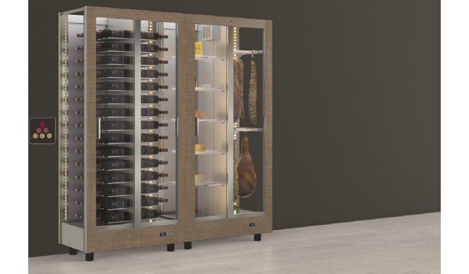 Combiné de 2 vitrines réfrigérées professionnelles pour vins, charcuteries et fromages - 3 côtés vitrés - Habillage magnétique interchangeable