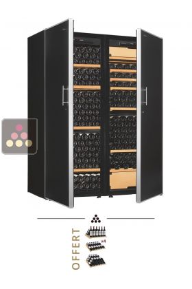 Combiné d'une cave à vin mono-température de vieillissement et d'une cave à vin 3 températures de service et de vieillissement - Equipement stockage/coulissant