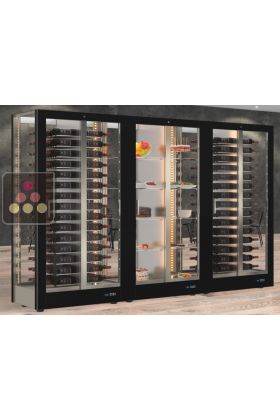 Combiné de 2 vitrines à vin professionnelles multi-usages et de 1 vitrine à desserts - 4 cotés vitrés - Habillage magnétique interchangeable