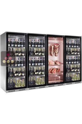 Combiné de 3 vitrines réfrigérées pour vins (Présentation verticale) et 1 vitrine de maturation de viande - Profondeur 70cm