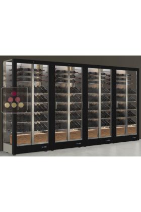 Combiné de 4 vitrines à vin professionnelles multi-usages - 3 cotés vitrés - Bouteilles horizontales/inclinées/debout - Habillage magnétique