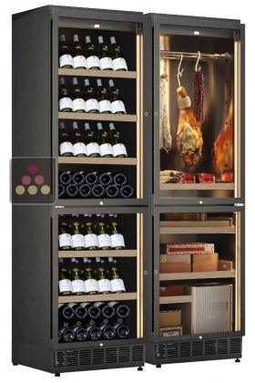 Combiné enchassable de 2 caves à vin, une cave à charcuterie et une cave à cigares - Bouteilles inclinées
