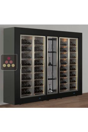 Combiné de 2 vitrines à vin multi-températures et 1 module non réfrigéré pour verrerie ou spiritueux - Pose libre - Bouteilles inclinées - Cadre droit