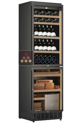 Combiné enchassable d'une cave à vin mixte mono-température et d'une cave à cigares - Bouteilles inclinées
