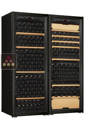 Combiné d'une cave à vin mono-température de vieillissement et d'une cave à vin 3 températures de service et de vieillissement - Equipement stockage/coulissant