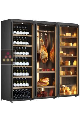 Combiné d'une cave à vin, d'une cave à charcuterie et d'une cave à fromage - Bouteilles inclinées