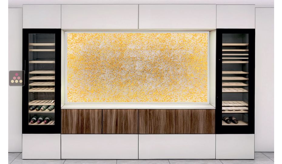Panneau décoratif en verre de synthèse rétro-éclairé blanc chaud avec cadre epoxy blanc H1200*L2400 - Inclusions Pépites Or