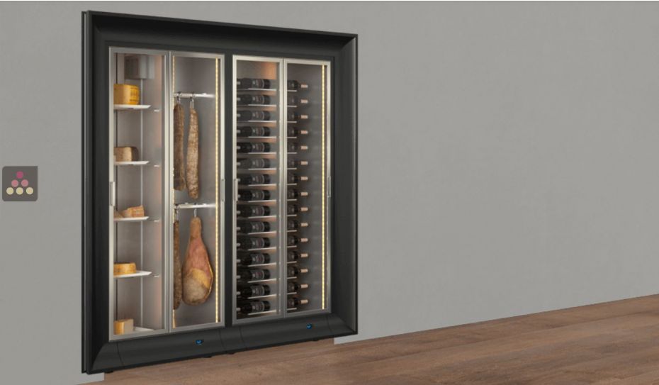Combiné encastrable de 2 vitrines réfrigérées professionnelles pour vins, charcuteries et fromages - Façade incurvée