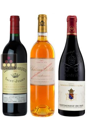Lot de 3 bouteilles de Vin de 1990 Châteauneuf du Pape rouge Usseglio / Clos du Marquis, Saint-Julien / Château Gilette, Sauternes