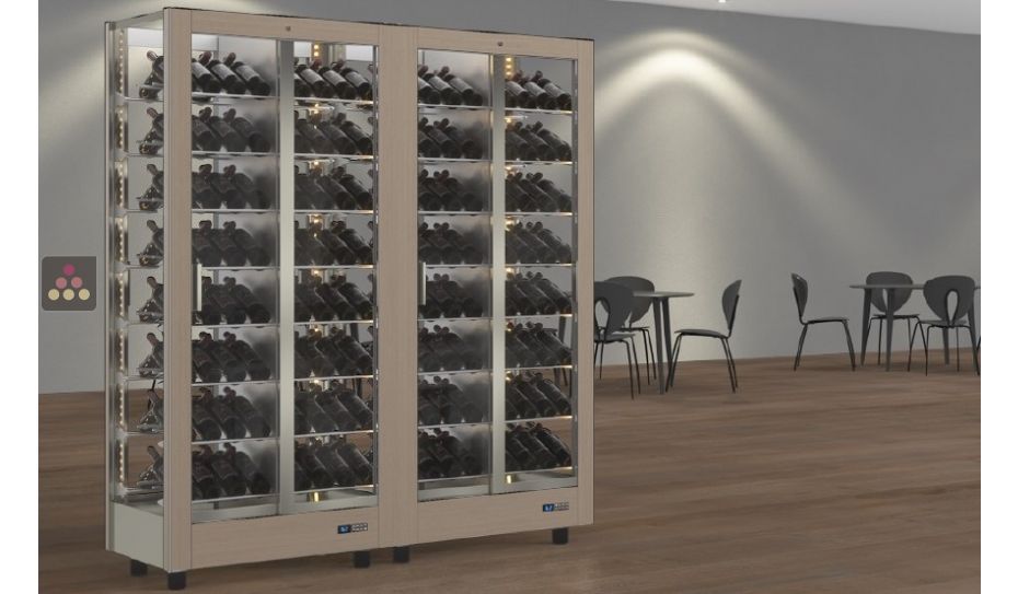Combiné de 2 vitrines à vin professionnelles multi-températures - Usage pro - 4 cotés vitrés - Bouteilles inclinées - Habillage magnétique interchangeable