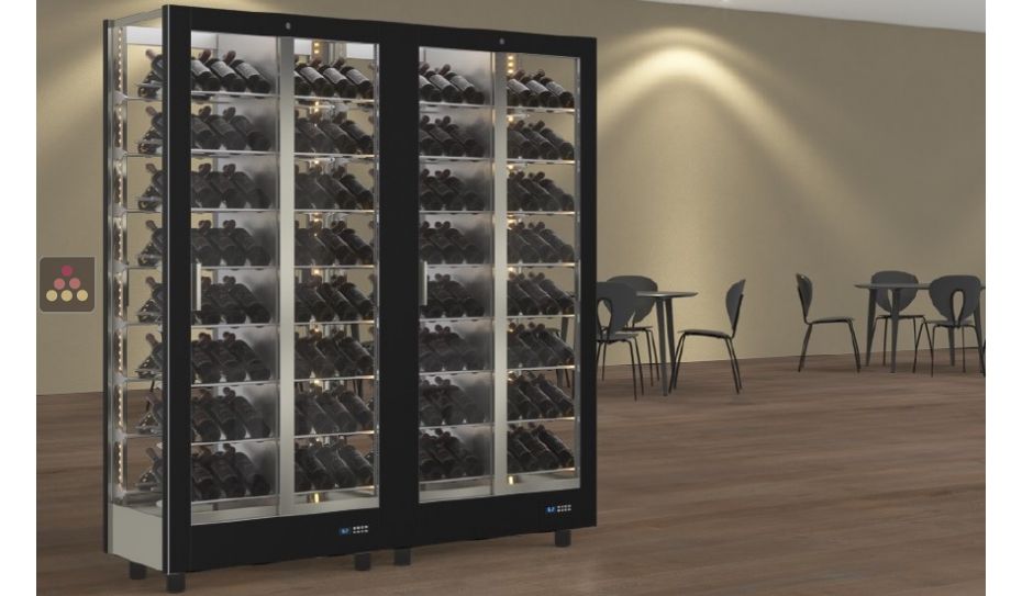 Combiné de 2 vitrines à vin professionnelles multi-températures - Usage pro - 4 cotés vitrés - Bouteilles inclinées - Habillage magnétique interchangeable