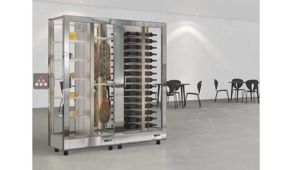 Combiné de 2 vitrines réfrigérées professionnelles pour vins, charcuteries et fromages - 4 côtés vitrés - Habillage magnétique interchangeable