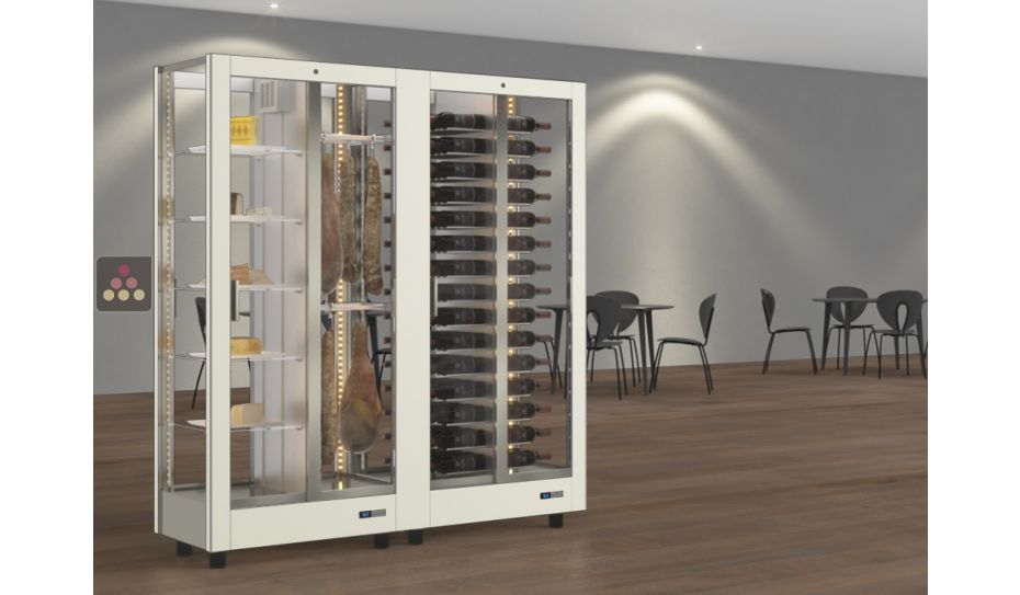 Combiné de 2 vitrines réfrigérées professionnelles pour vins, charcuteries et fromages - 4 côtés vitrés - Habillage magnétique interchangeable