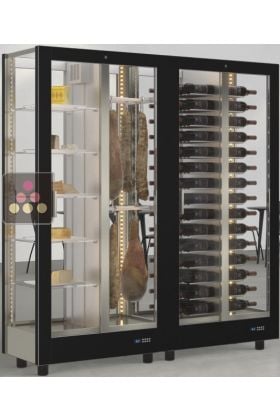 Combiné de 2 vitrines réfrigérées professionnelles pour vins, charcuteries et fromages - 4 côtés vitrés - Habillage magnétique interchangeable