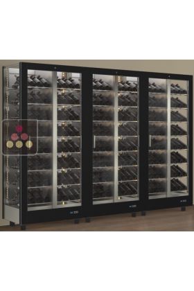 Combiné de 3 vitrines à vin professionnelles multi-usages - 3 cotés vitrés - Habillage magnétique interchangeable - Bouteilles inclinées