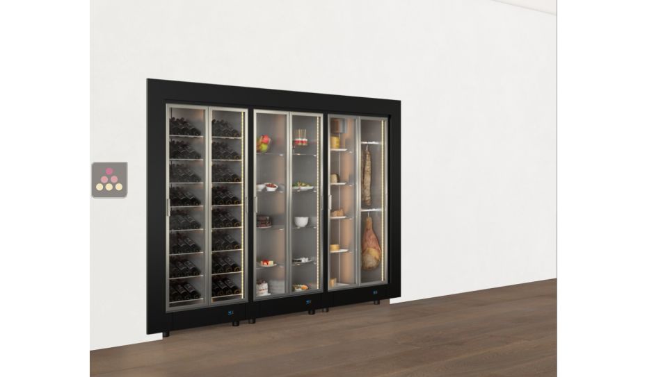 Combiné modulaire d'une vitrine à vin, à fromages, à charcuteries et à desserts