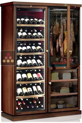 Combiné d'une cave à vin multi-températures, une cave à charcuterie et une cave à fromage - Habillage bois - Bouteilles inclinées