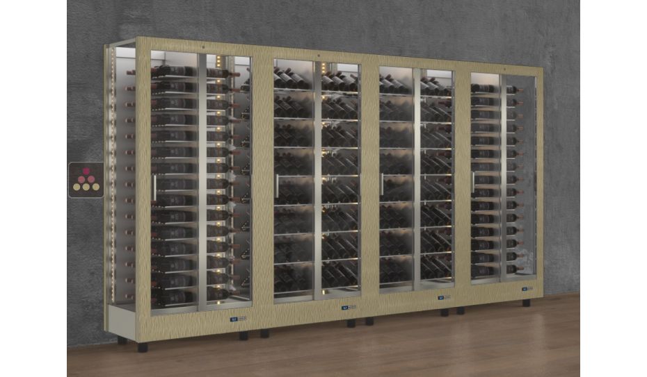 Combiné de 4 vitrines à vin professionnelles multi-usages - 3 cotés vitrés - Bouteilles horizontales/inclinées - Habillage magnétique interchangeable