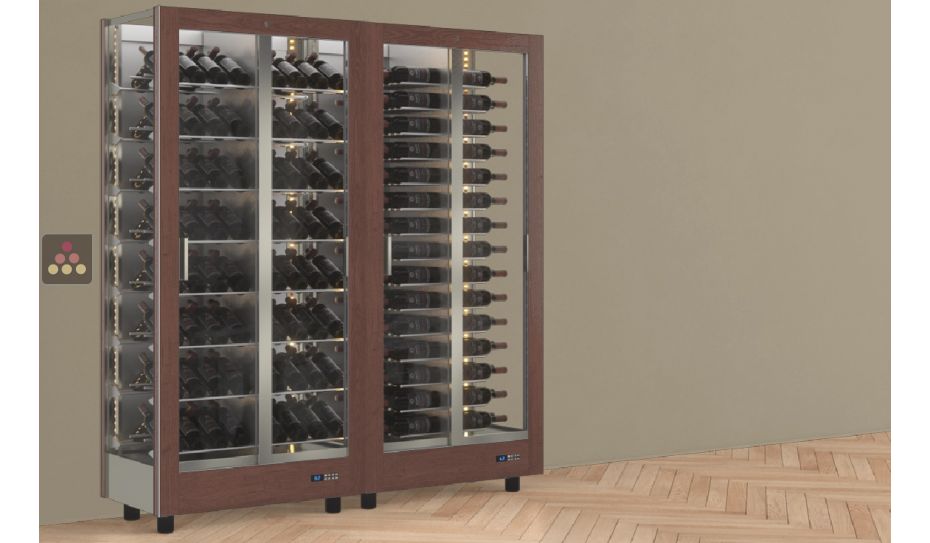 Combiné de 2 vitrines à vin professionnelles multi-usages - 3 cotés vitrés - Bouteilles horizontales/inclinées - Habillage magnétique interchangeable