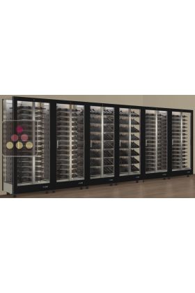 Combiné de 6 vitrines à vin professionnelles multi-usages - 3 cotés vitrés - Bouteilles horizontales/inclinées - Habillage magnétique interchangeable