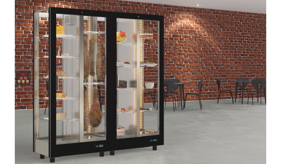 Combiné de 2 vitrines réfrigérées professionnelles pour charcuteries/fromages et snack/desserts - 4 côtés vitrés - Habillage magnétique interchangeable