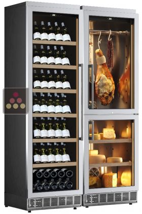 Combiné encastrable d'une cave à vin multi-températures, d'une cave à fromages et d'une cave à charcuteries - Façade inox