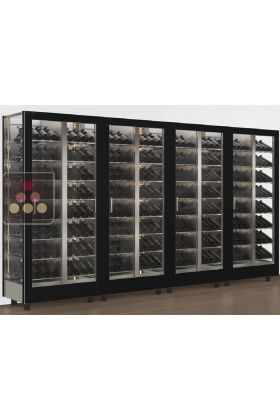 Combiné de 4 vitrines à vin professionnelles multi-usages - 3 cotés vitrés - Habillage magnétique interchangeable - Bouteilles inclinées