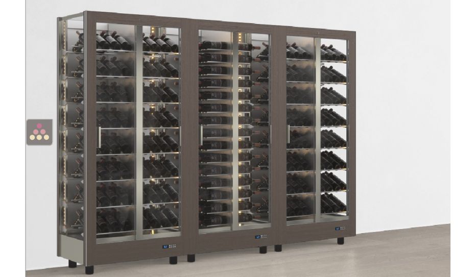 Combiné de 3 vitrines à vin professionnelles multi-usages - 3 cotés vitrés - Bouteilles inclinées/horizontales - Habillage magnétique interchangeable