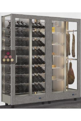 Combiné de 2 vitrines réfrigérées professionnelles pour vins, charcuteries et fromages - 3 faces vitrées - Habillage magnétique
