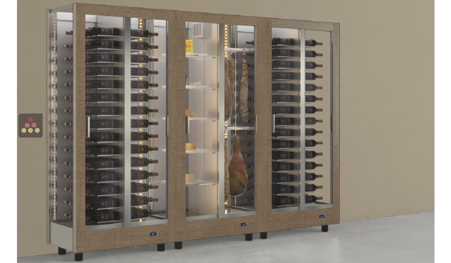 Combiné de 3 vitrines réfrigérées professionnelles pour vins, charcuteries et fromages - 3 côtés vitrés - Habillage magnétique interchangeable