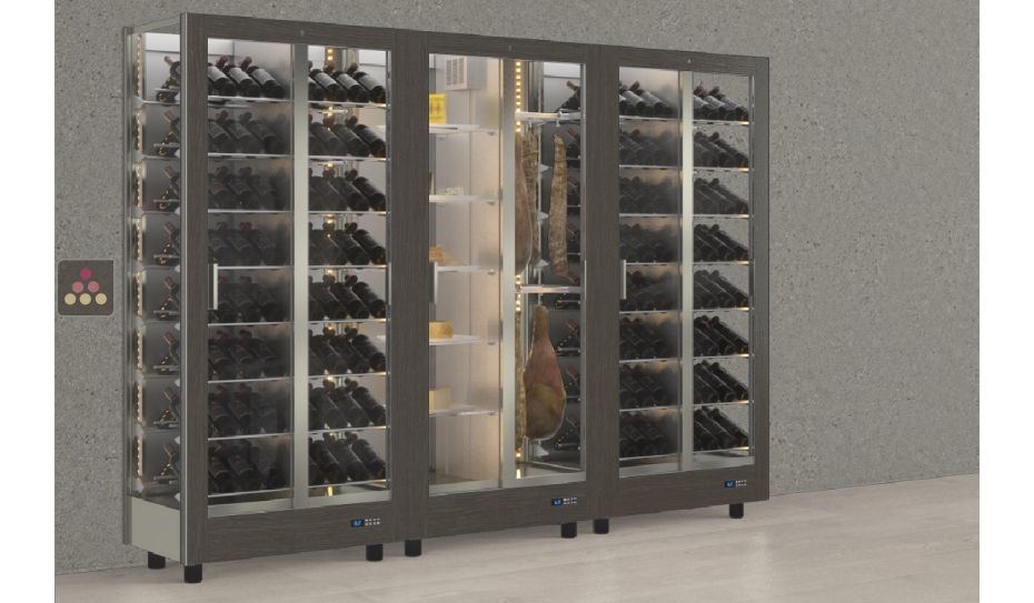 Combiné de 3 vitrines réfrigérées professionnelles pour vins, charcuteries et fromages - 3 côtés vitrés - Habillage magnétique interchangeable