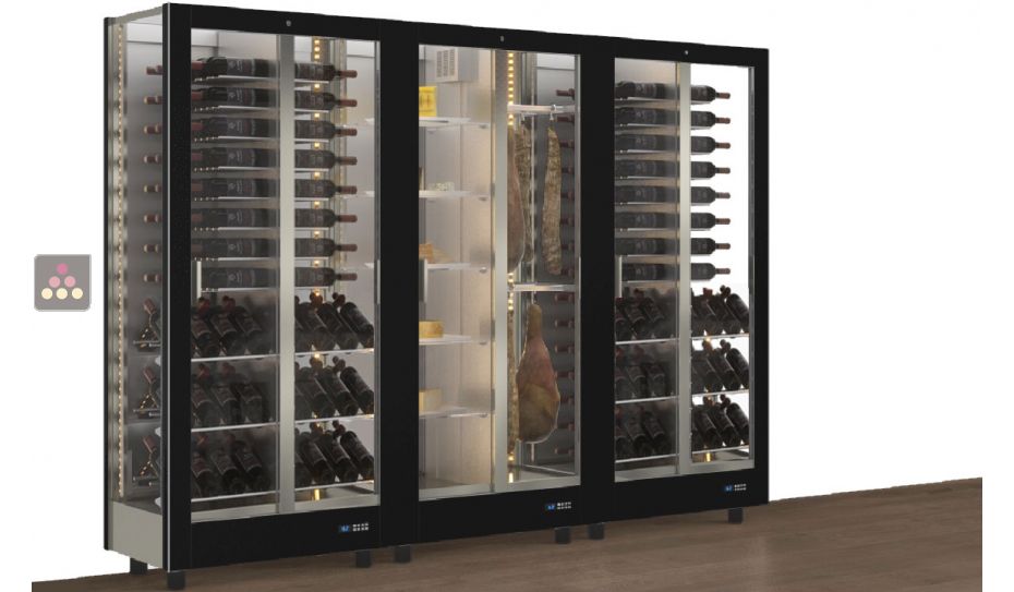 Combiné de 3 vitrines réfrigérées professionnelles pour vins, charcuteries et fromages - 3 côtés vitrés - Habillage magnétique