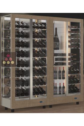 Combiné de 2 vitrines à vin professionnelles multi-usages - 4 cotés vitrés - Habillage magnétique interchangeable