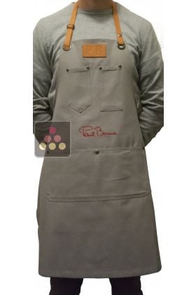 Tablier premium gris coton et cuir avec signature rouge Paul BOCUSE