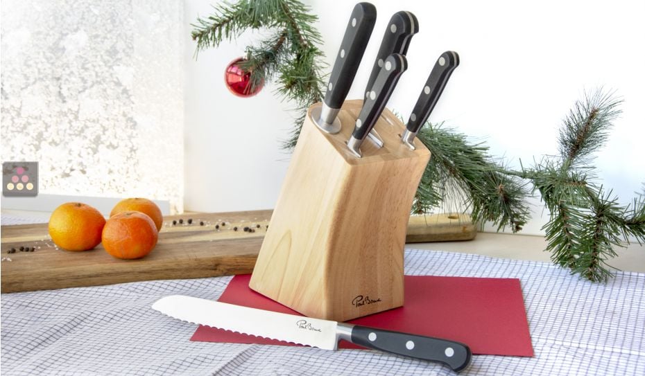 Set de 5 couteaux de cuisine sur porte-couteaux en bois - Gravure Paul BOCUSE