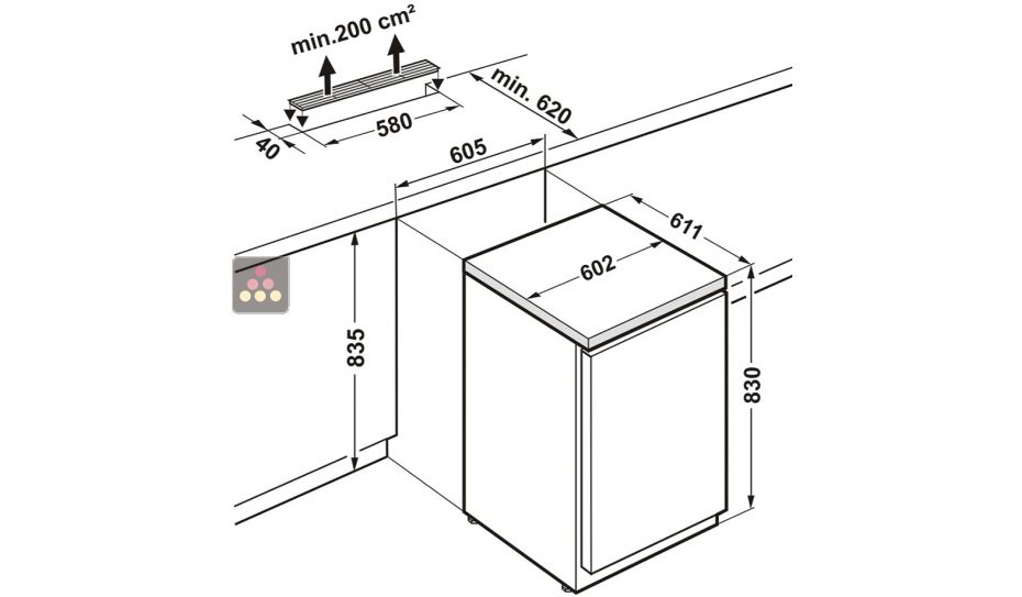 Table-top positif ventilé vitré encastrable sous plan - 130L