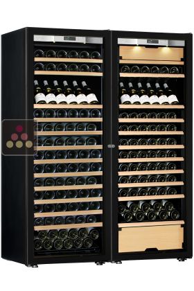 Combiné d'une cave à vin mono-température et d'une cave multi-usages 3 températures - Equipement présentation/coulissant Porte Full Glass