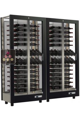 Combiné de 2 vitrines à vin professionnelles multi-usages - 3 cotés vitrés - Habillage magnétique interchangeable