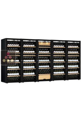 Combiné de 4 caves à vin mono-température et d'une cave multi-usages 3 températures - Equipement présentation - Porte Full Glass