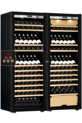 Combiné d'une cave à vin mono-température et d'une cave multi-usages 3 températures - Equipement présentation/coulissant - Porte Full Glass