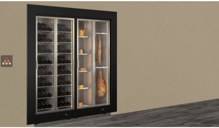 Combiné encastrable de 2 vitrines réfrigérées professionnelles pour vins, charcuteries et fromages - Cadre droit