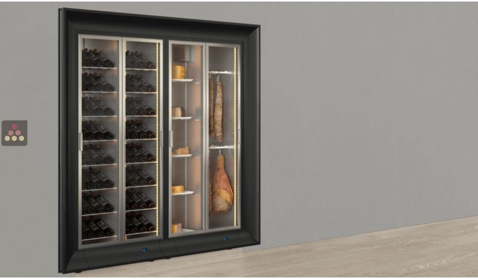 Combiné encastrable de 2 vitrines réfrigérées professionnelles pour vins, charcuteries et fromages - Cadre incurvé