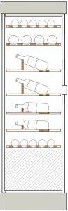 Clayettes bois de haut en bas : Magnums et bouteilles 75cl horizontaux parallèles aux portes sur 1 et 2 niveaux, puis bouteilles 75cl, simple profondeur, en présentation inclinée sur 2 niveaux, puis perpendiculaire aux portes sur 2 niveaux.