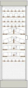 Clayettes bois de haut en bas : Magnums et bouteilles 75cl horizontaux parallèles aux portes sur 1 et 2 niveaux, puis bouteilles 75cl, double profondeur, en présentation inclinée sur 3 niveaux, puis perpendiculaire aux portes sur 3 niveaux.