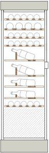 Clayettes bois de haut en bas : Magnums et bouteilles 75cl horizontaux parallèles aux portes sur 1 et 2 niveaux, puis bouteilles 75cl, simple profondeur, en présentation inclinée sur 3 niveaux, puis perpendiculaire aux portes sur 3 niveaux.