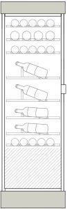 Clayettes inox de haut en bas : Magnums et bouteilles 75cl horizontaux parallèles aux portes sur 1 et 2 niveaux, puis bouteilles 75cl, simple profondeur, en présentation inclinée sur 3 niveaux, puis perpendiculaire aux portes sur 3 niveaux.